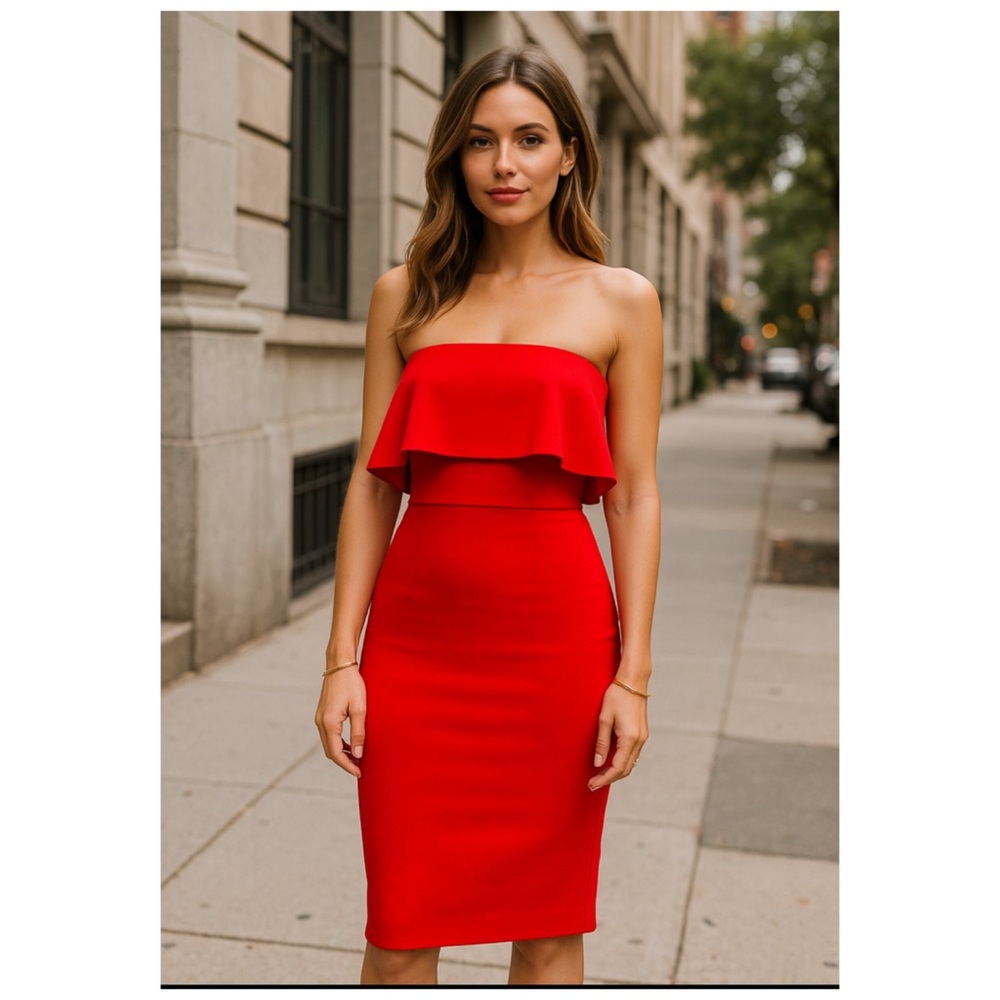 Likely x Revolve Red Strapless Ruffle Midi Dress Size 0
